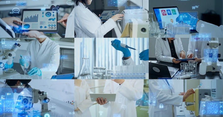 Laborfachkräfte mit Tablets und Laptops – Collage zur digitalen Probenverwaltung im Labor. | Laboratory staff with tablets and laptops – collage illustrating digital sample management in the laboratory.