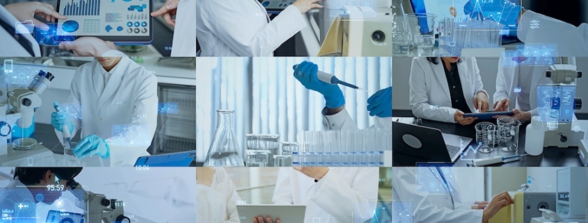 Laborfachkräfte mit Tablets und Laptops – Collage zur digitalen Probenverwaltung im Labor. | Laboratory staff with tablets and laptops – collage illustrating digital sample management in the laboratory.